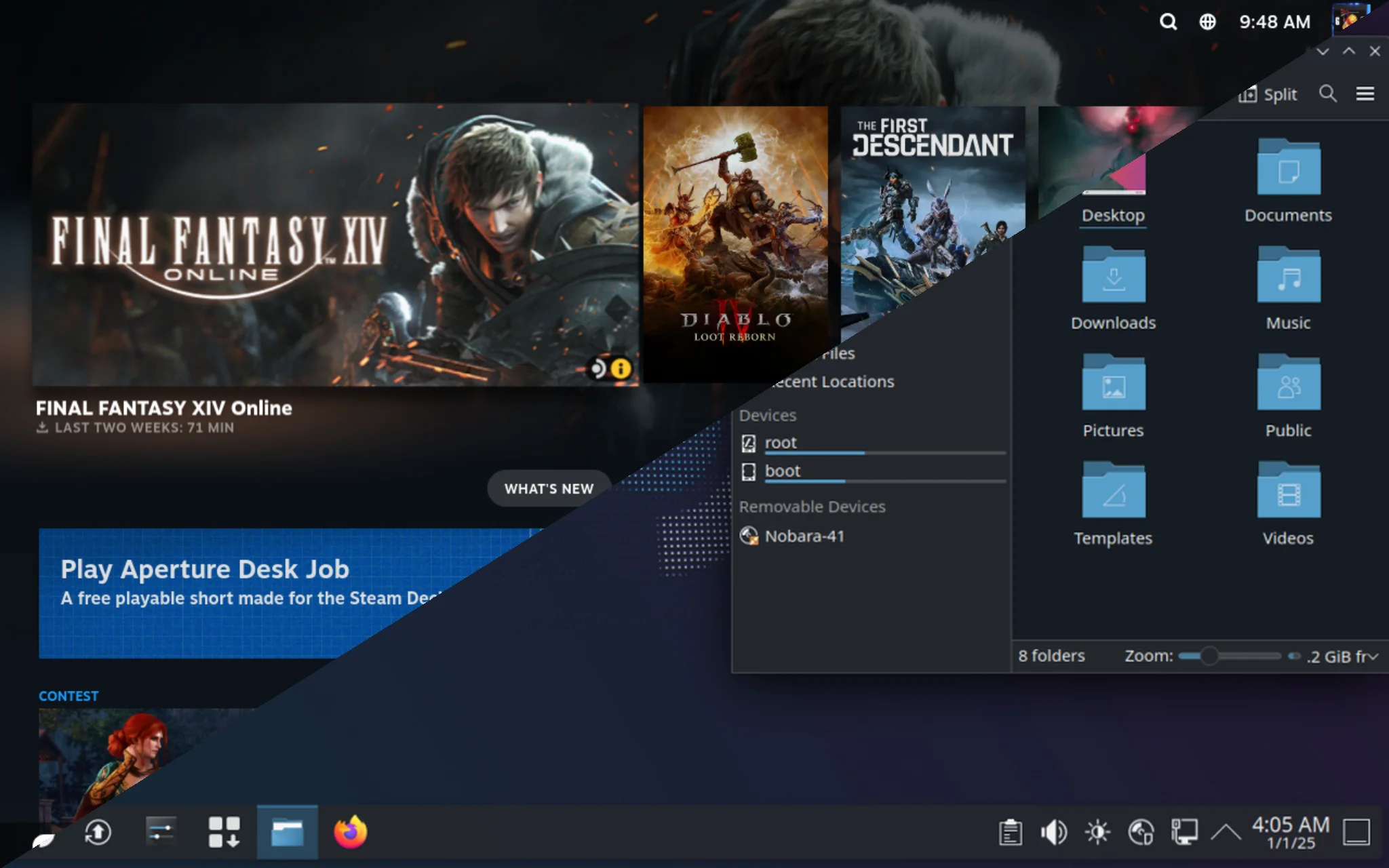 Diagonal split composition suggesting a living-room gaming setup